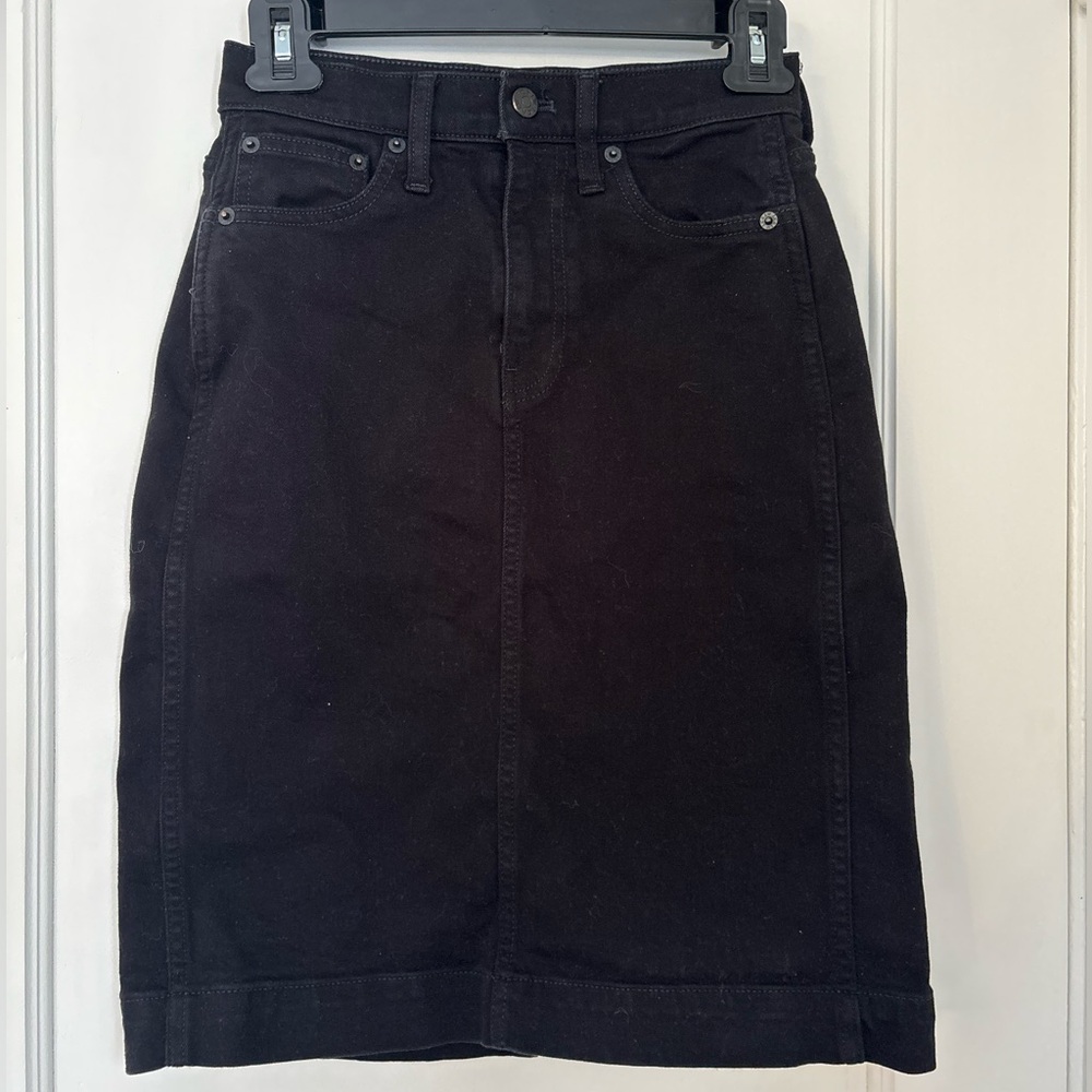 J. Crew Black Denim Midi Knee Length Pencil Skirt Back Slit, 00P